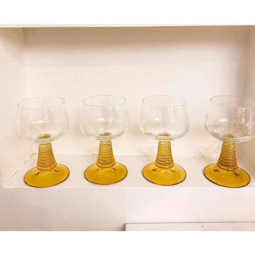 Four Vintage Amber Stem Etched Glass Roemer Wine Glasses